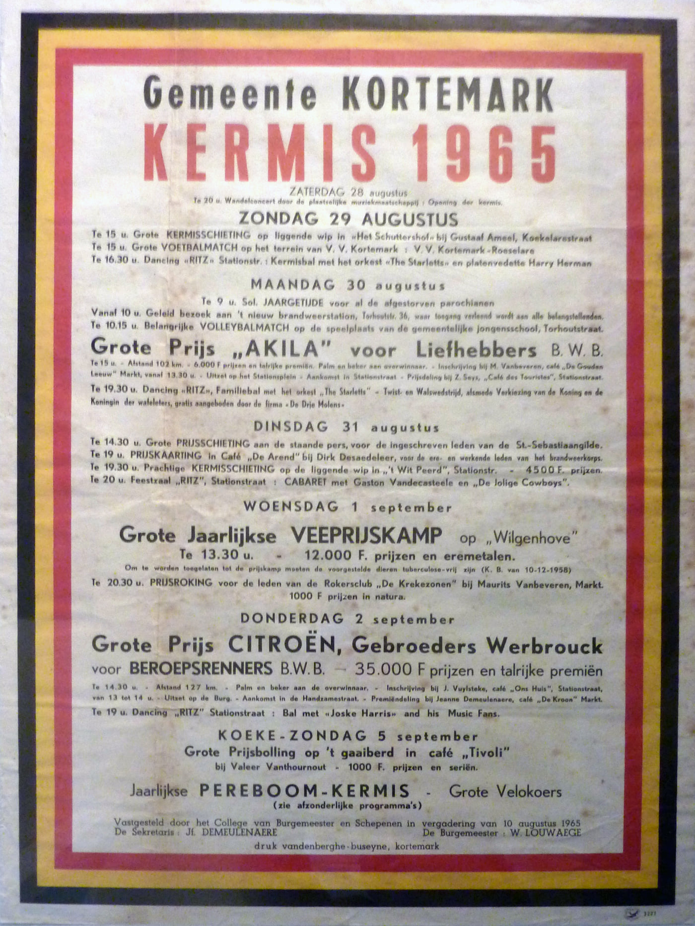 Kermisaffiche Gemeente Kortemark, 1965